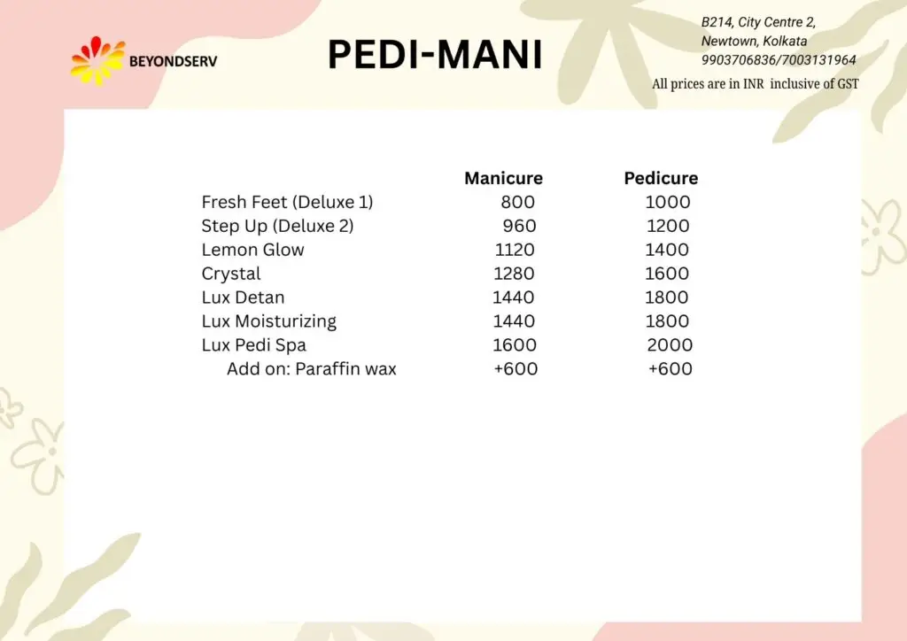 service menu card with prices of Beyondserv salon