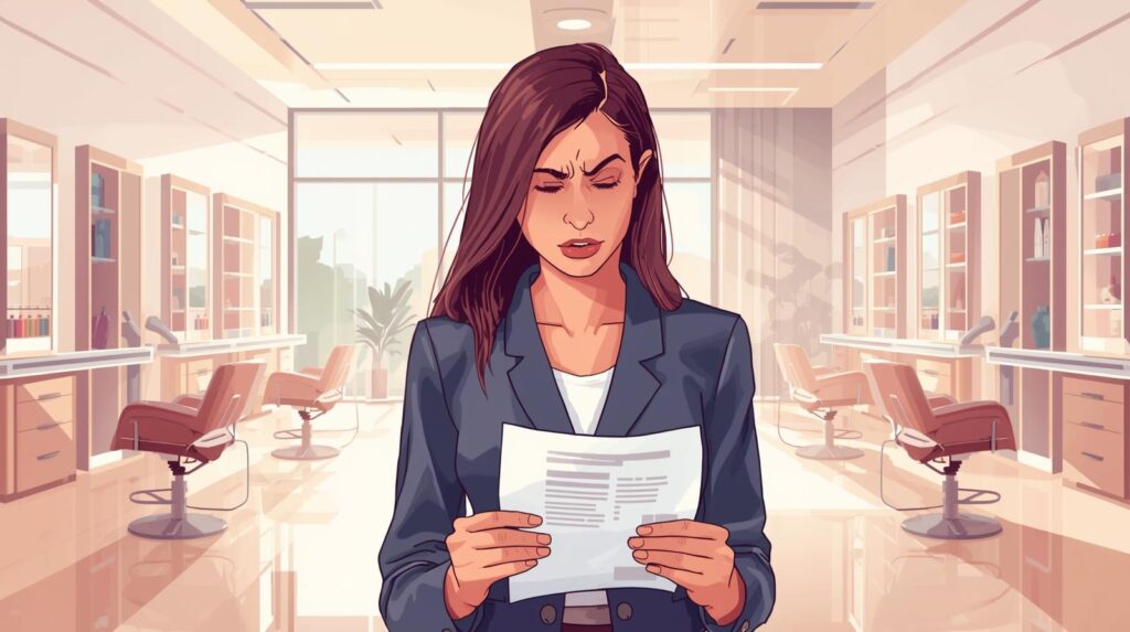 want a image of a lady worried about hidden charges in a salon